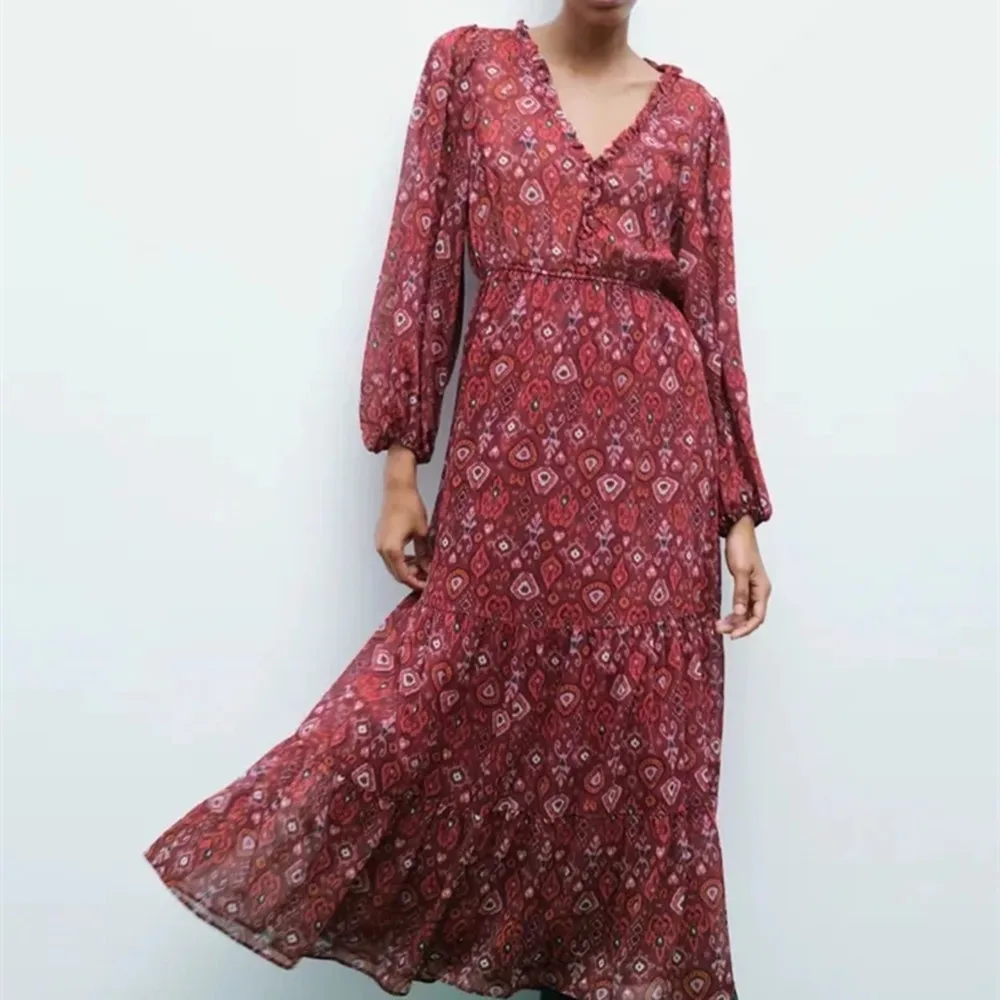 

2021 Autumn Woman Printed Midi Dress Elegant Ruffle V-neck Long Puff Sleeves Dresses Elastic Waist Ruching Hem Feminine Dress