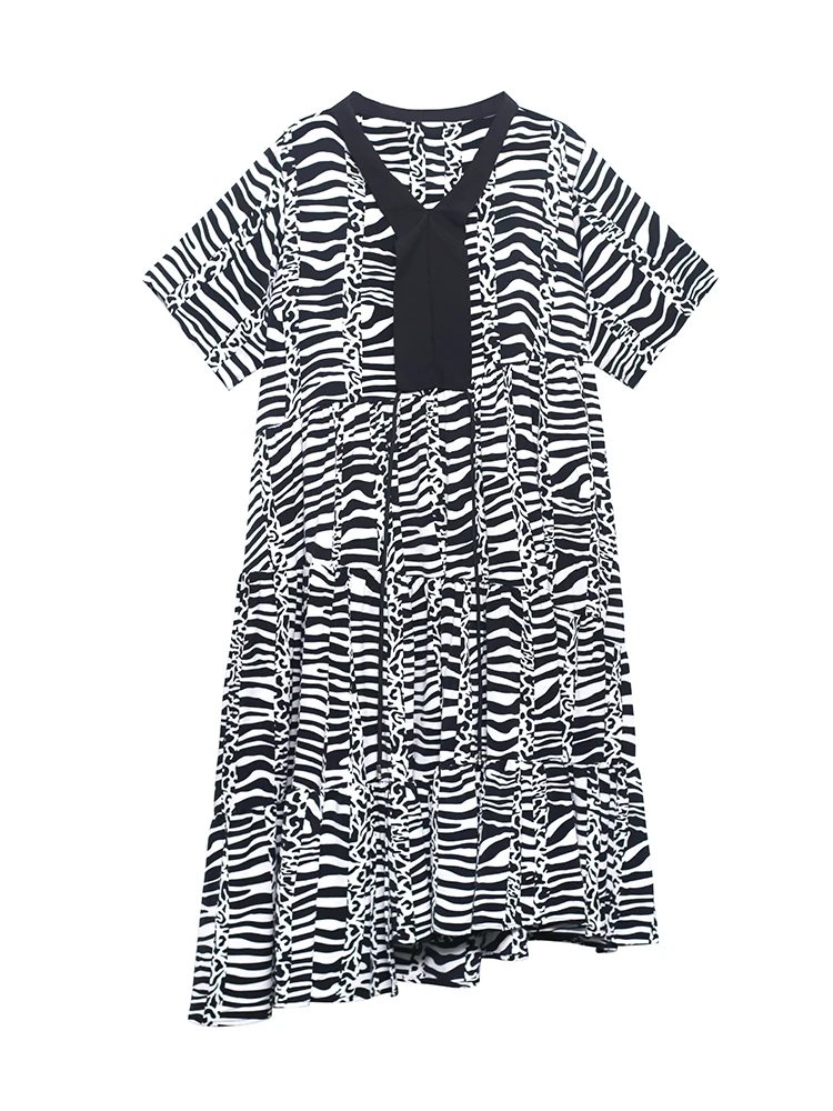

XUXI Zebra-Pattern Irregular Dress Women 2021 Summer Over The Knee Loose Slim V-neck Skirt E1364
