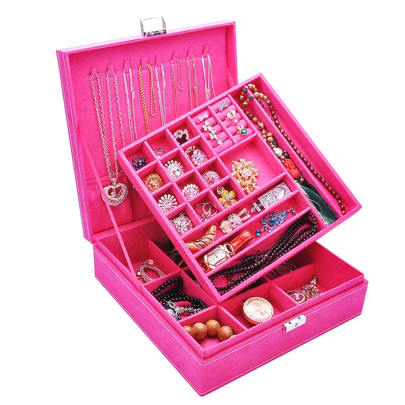 large hot sale fashion flannel square jewelry box simple layout 2 layer makeup storage bag necklace ring necklace storage box free global shipping