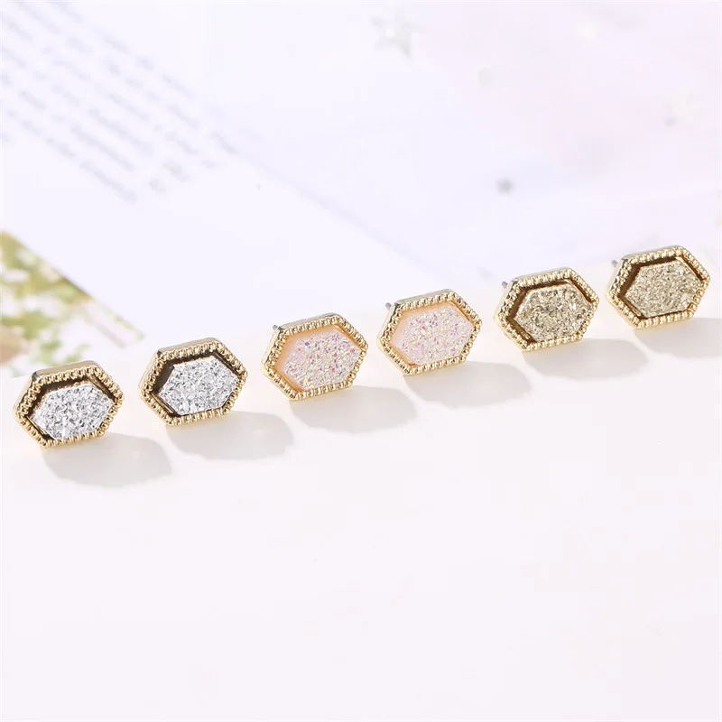 Модные серьги гвоздики Druzy мини шестигранные из смолы брендовые дизайнерские