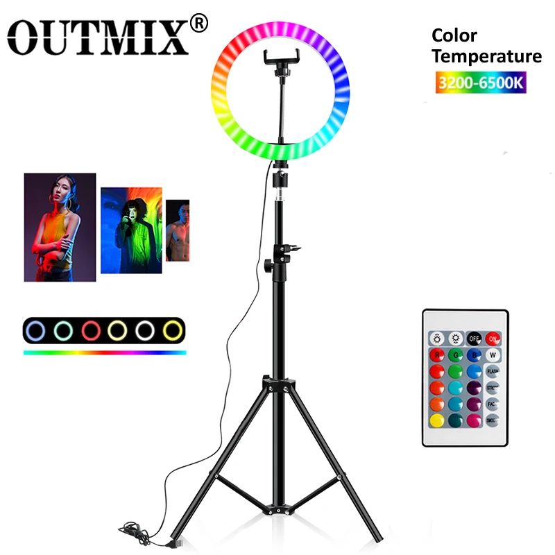 

RGB Colorful LED Ring Light 10 Inch 160cm Stand Rainbow Ringlight USB With Phone Stand 16 Light Colors For Live Broadcast Photo