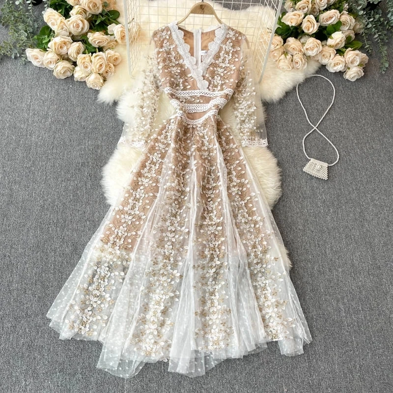 High-end Runway Fashion Autumn Party Dresses Spring Women Sexy Lace V-Neck Embroidery Vintage Polka Dot Mesh Long Dress Vestidos | Женская