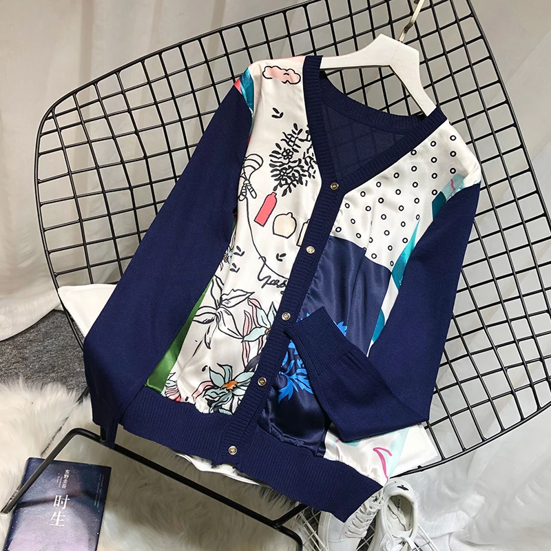 ALPHALMODA Европейский с v-образным вырезом атласный свитер с принтом пэчворк вязаный искусственный однобортный пуловер осенний модный топ с длинными рукавами