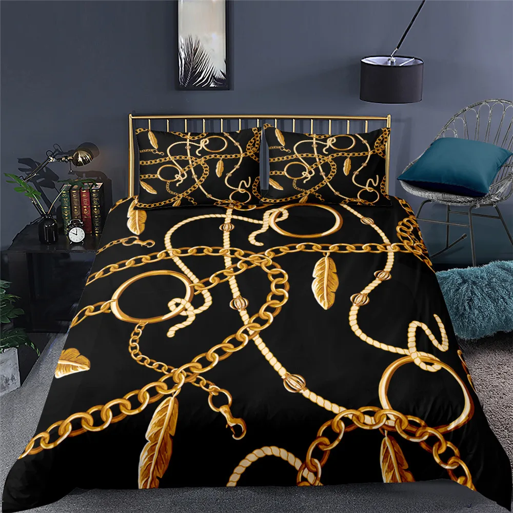 

Luxury Bedding Sets King Queen Size Coffee Golden Color Pattern Print Bedroom Textile Bedclothes 2/3PCS With Pillow Cases