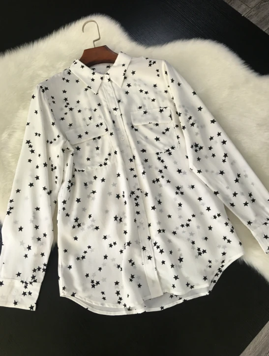 Женские шелковые блузки с принтом звезды осенние Белые Черные синие топы с длинными рукавами рубашки