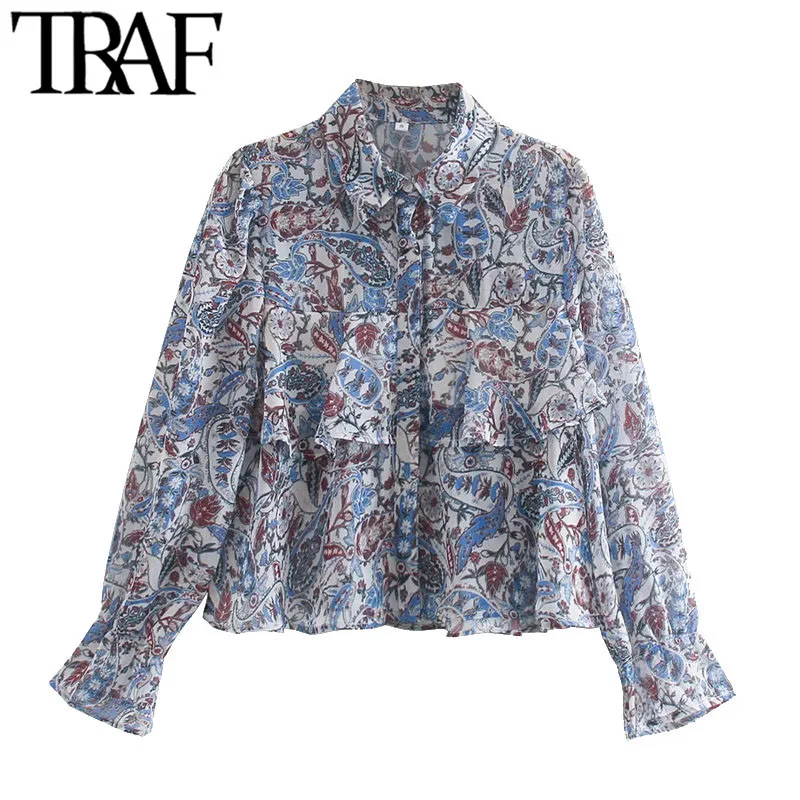 

TRAF Women Fashion Paisley Print Ruffled Cropped Blouses Vintage Long Sleeve Button-up Female Shirts Blusas Chic Tops