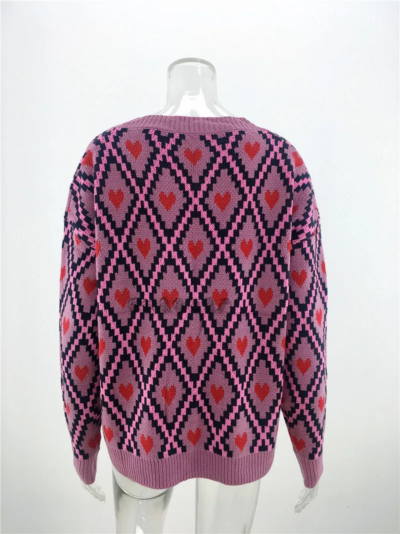 Heart Print Ladies Knitted Cardigan Female Casual Single Breasted Jumper Autumn Winter V-Neck Oversized Women Sweater Tops |