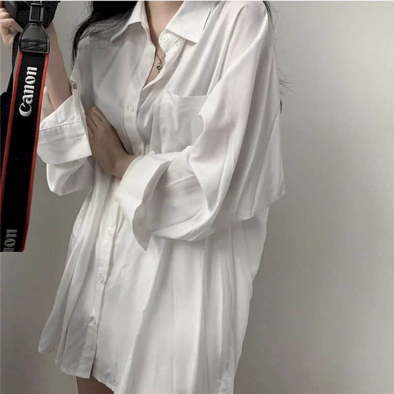 

Korean Style Oversized Shirt Women Blouses Long-sleeved Korean Style Bf Wind Loose Ins Mid-length Student Shirts Jacket Female