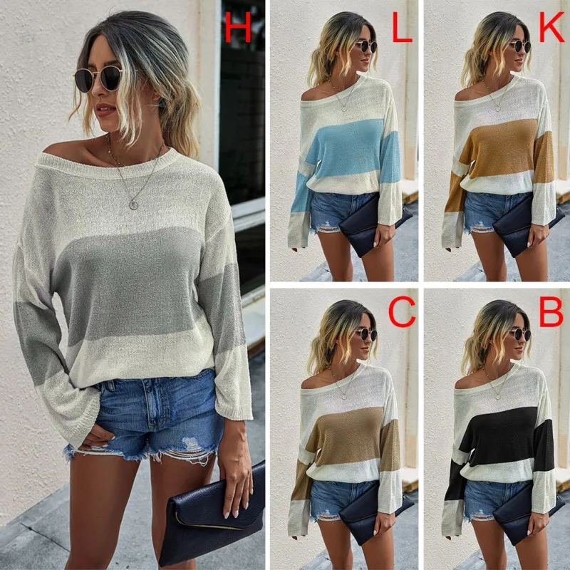 

Women's Sweater Autumn Winter Female Loose Round Neck Long Sleeve Color Splice Thin Warm Knitted Pullover
