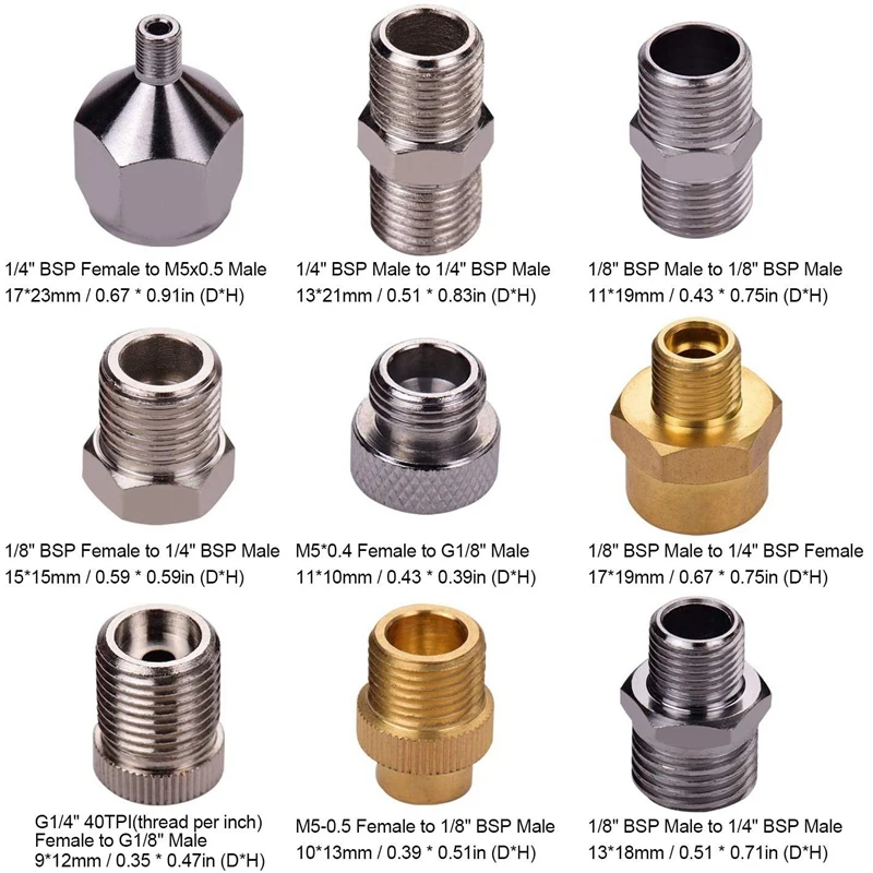 

9Pcs Universal Airbrush Adaptor Kit Fitting Connector Set with 10Pcs Airbrush Nozzle Needle Nozzle Cap Kit