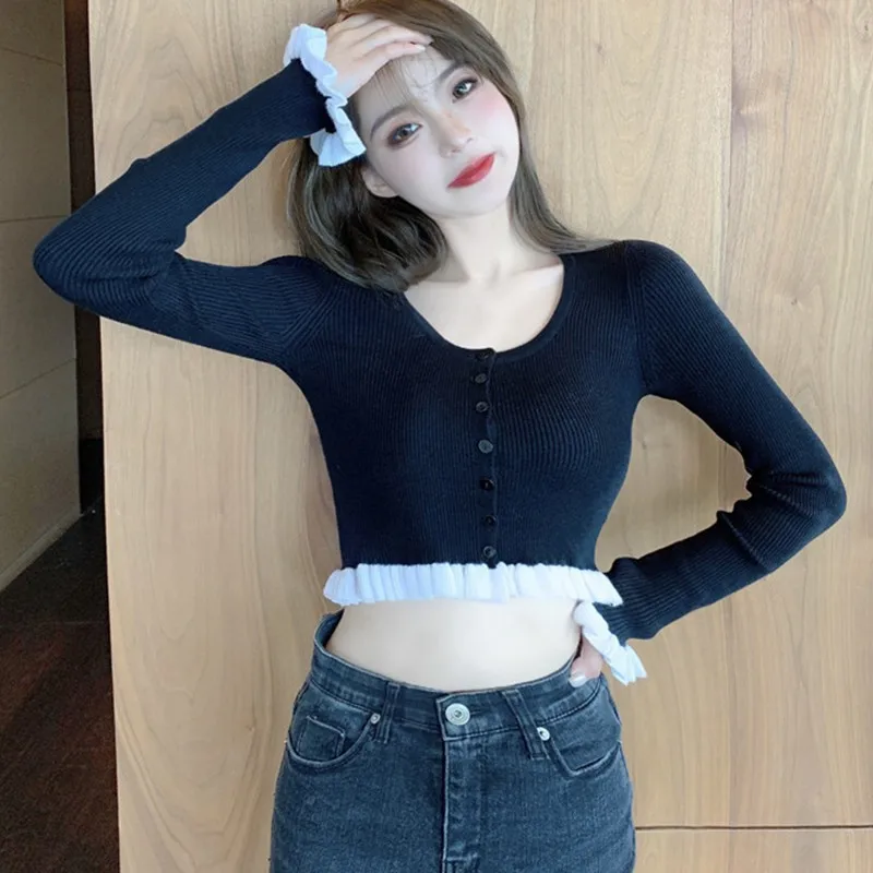 

Spring and Autumn Women's French Round Neck Retro Knit Cardigan Sexy Slim Short Cropped Top Button Sweater