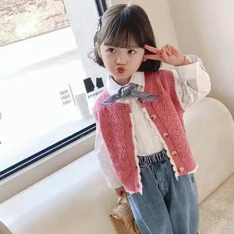 

Girls sweater vest vest children's knitted cardigan jacket girl baby spring and autumn wild 2021 new foreign style P4374