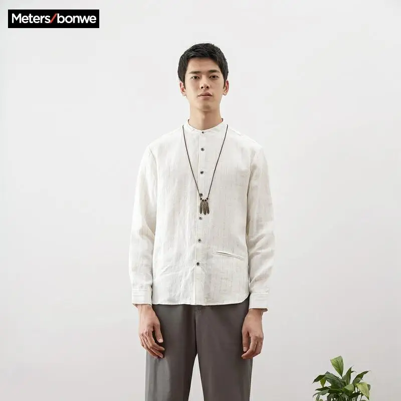 Рубашка Metersbonwe Мужская льняная в полоску брендовая Повседневная блуза с длинным