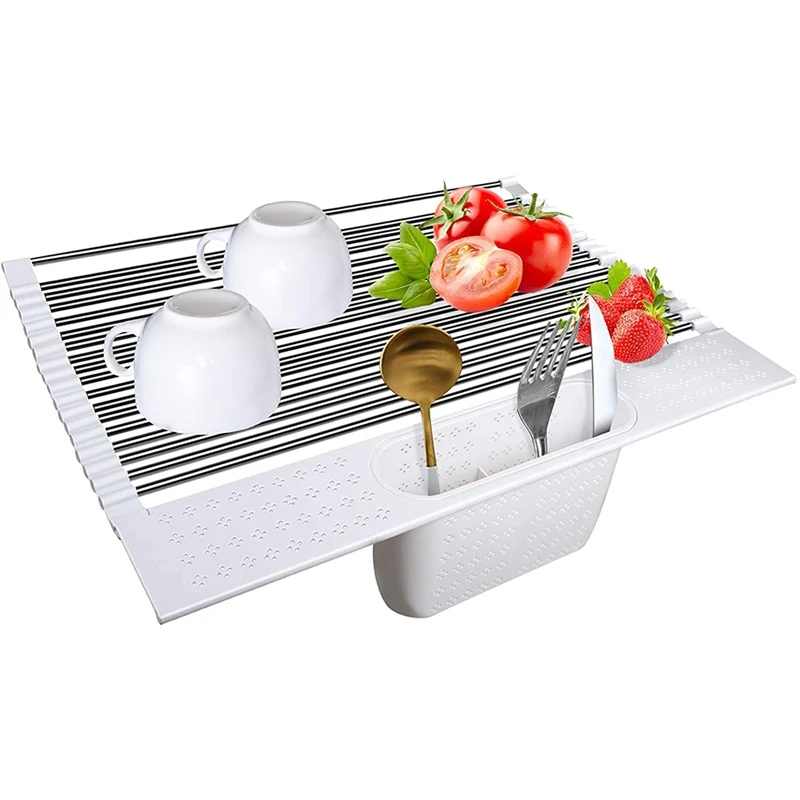 

Roll-Up Dish Drying Rack,Multi-Use Kitchen Drying Rack over Sink,Foldable Fruit Vegetable Meat Organizer Tray