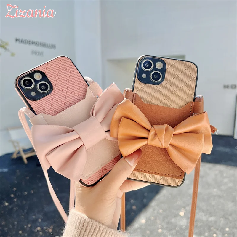 

Fashion Solid color Oblique span Bowknot Phone Case For iPhone 13 12 11 Pro XS Max X XR 7 8 Plus With card slot shockproof Cover