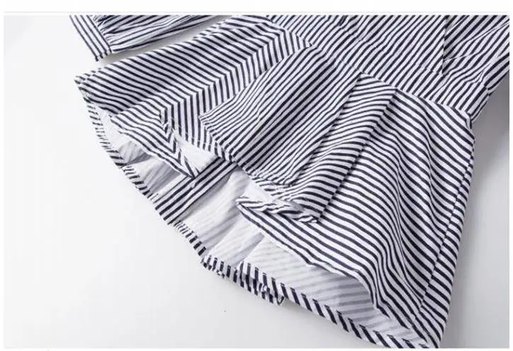 

2020 Summer Office 2 Piece Set Women Sexy V Neck Lantern Sleeve Striped Blouse Bow Tie Shirt Top + Split Pencil Flare Pant Suit
