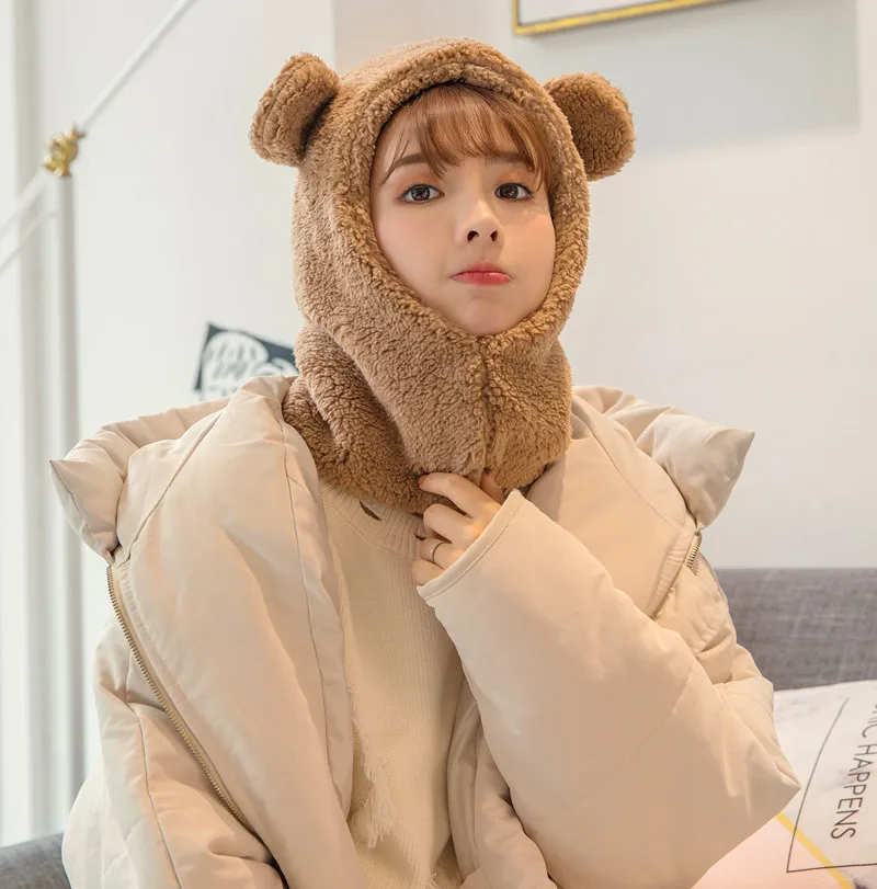 

Winter Cute Bear Ears Warm Beanies Hat Windproof Neck Scarf Cap Student Women Plus Cashmere Cap