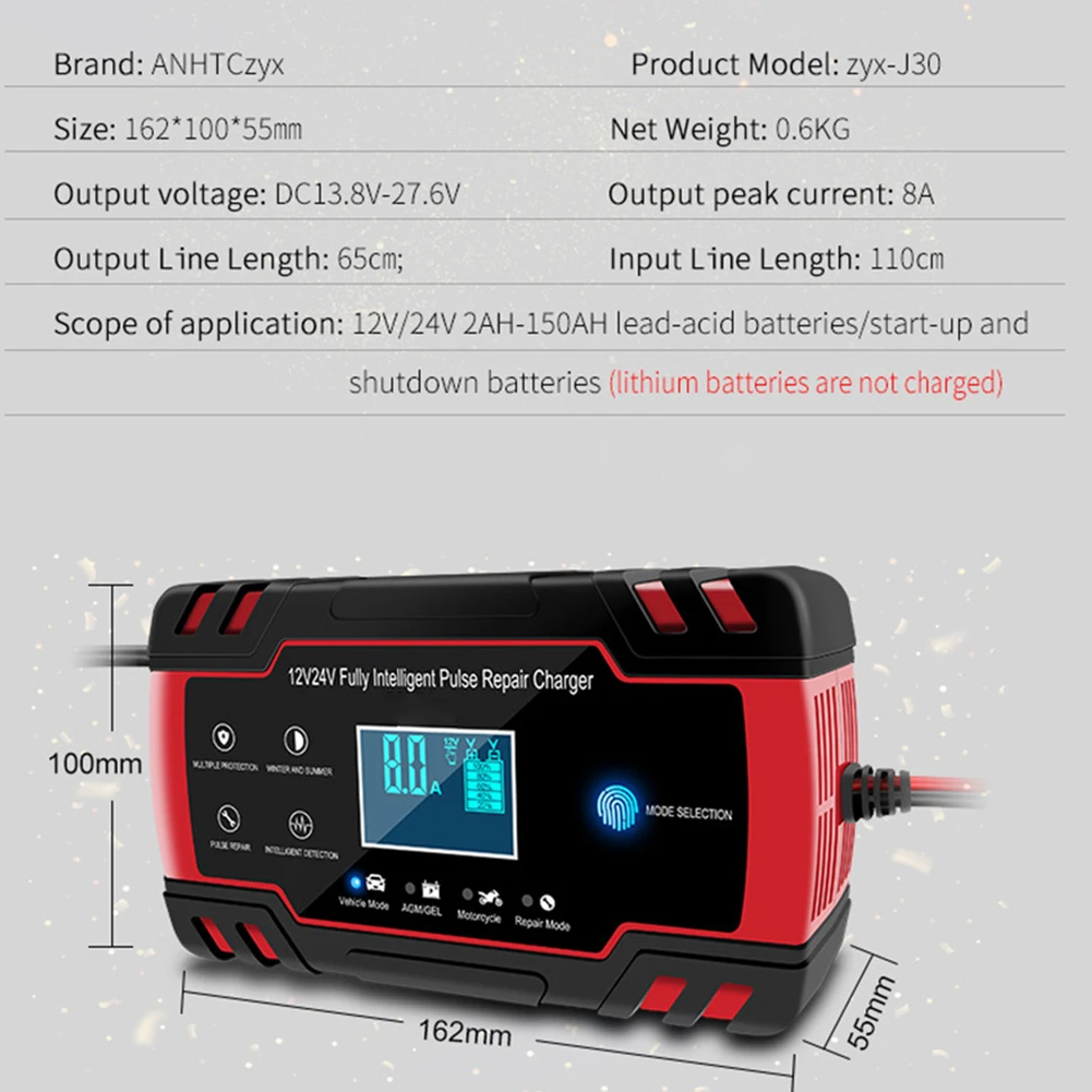 

12/24V Red Car Battery Charger 8A Touch Screen Pulse Repair ABS Acid Digital LCD Display for AGM GEL WET Smart Fast Charger