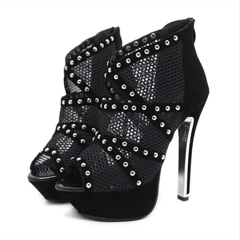 

Fashion Peep Toe Mesh Women's Sandals Rivets 14cm Super High Heels Sexy Zipper Stiletto Party Dress Shoes For Woman Summer Pumps