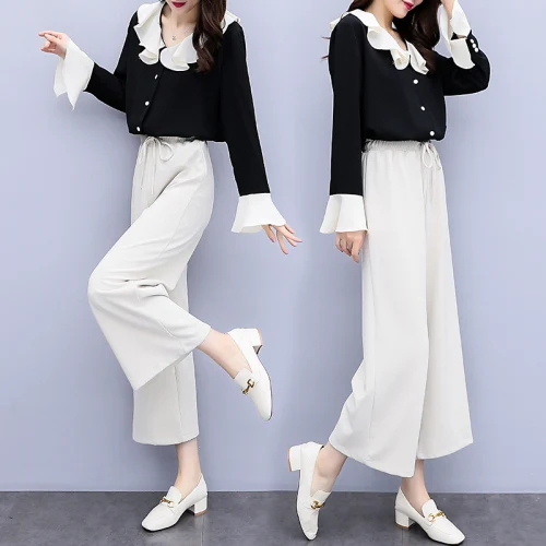 

Peter Pan Collar Women 2 Piece Set Top And Pants Petal Sleeve Top&pants Set Wide Leg Pants Two Piece Outfits Conjunto Feminino