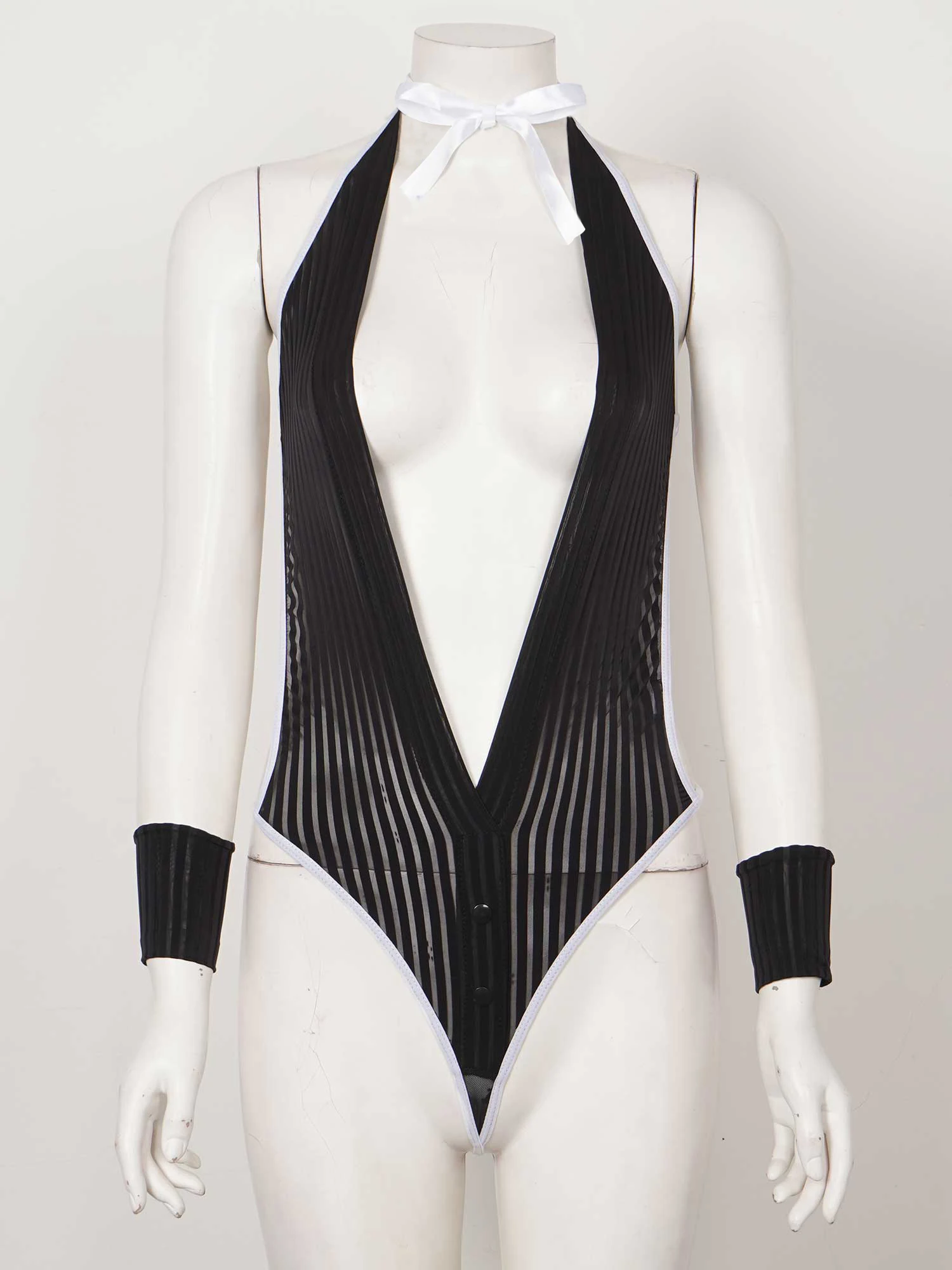 

iEFiEL Sexy Lingerie Womens Striped Bodysuit Swimsuit One Piece Transparent Deep V Neck Halter Lace-up Backless Erotic Underwear