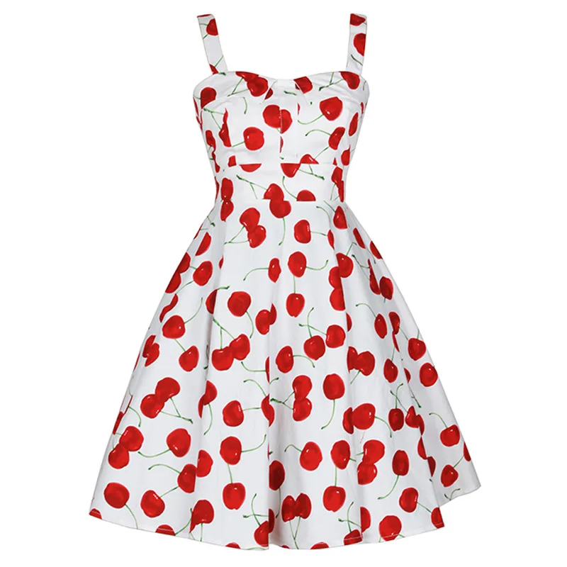 

Women's 1950s Dress Retro Sleeveless Cherry Polka Dots Print Vintage Rockabilly Cocktail Party Dress