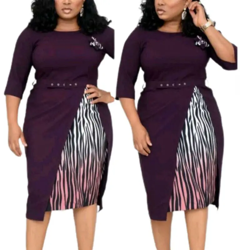 

VICABO Plus Size Womens Dress for Party Ladies Striped 3/4 Sleeves Belted Office OL Business Dress New Woman Dress