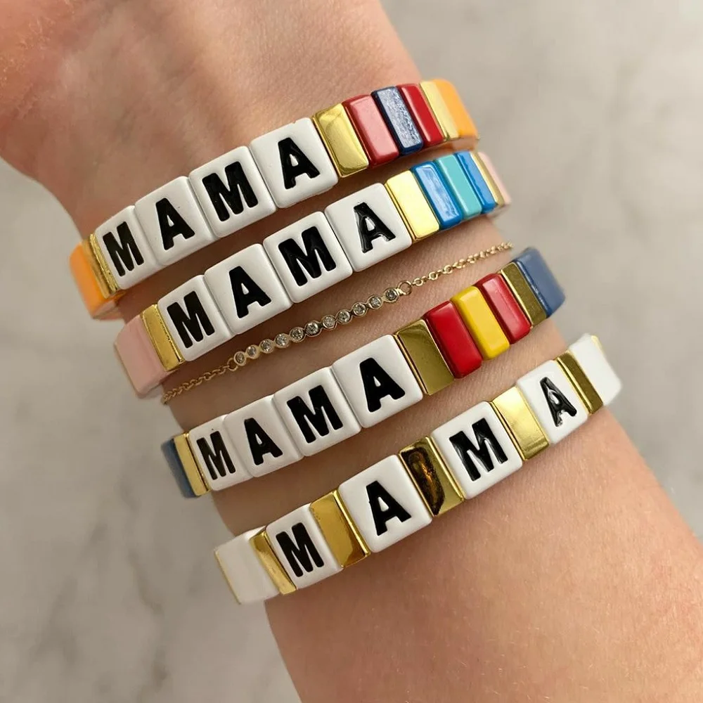 Женский браслет с эмалью Shinus в стиле бохо надписью MAMA лето 2020|Плетеные браслеты| |