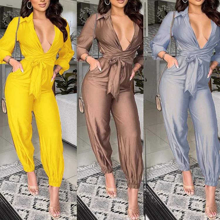 

Модный тонкий однотонный повседневный комбинезон с длинными рукавами