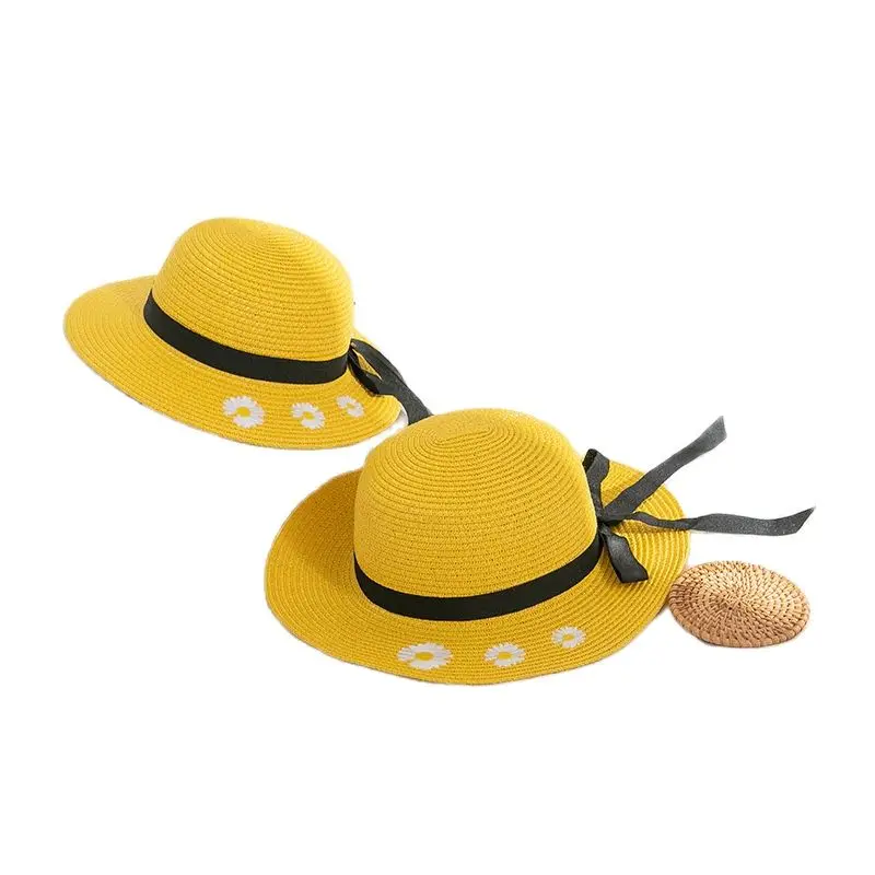 

Summer Korean Outdoor Outing Parent-Child Big Brim Floral Bow Sun Hat Ladies Foldable Sunshade Straw Cap