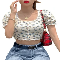 summer women fashion bubble sleeve floral print crop top fashion short sleeve slim tops buttons round neck t shirt for women