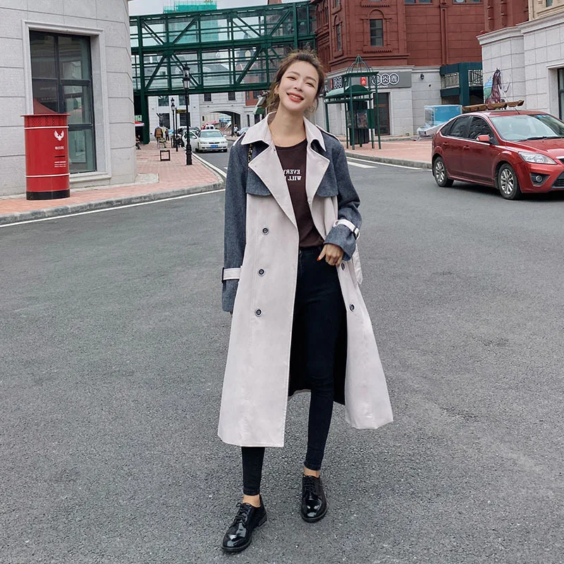 

Windbreaker Women's Autumn New Woolen Stitching Long Trench Coat Double Breasted Lace-up Elegant Temperament Jacket