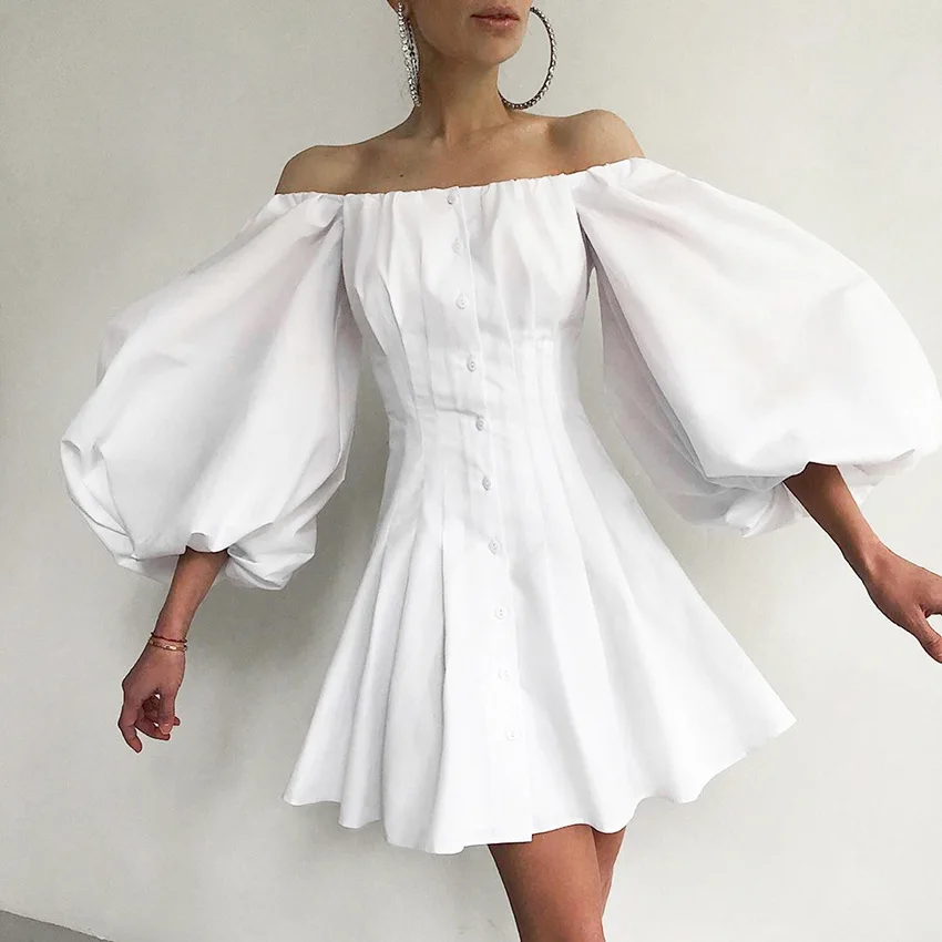 

Effortchic French Style White Dress Slash Neck Lantern Sleeves A Line Ball Gown Elegant Prairie Dresses High Fashion Women Wear