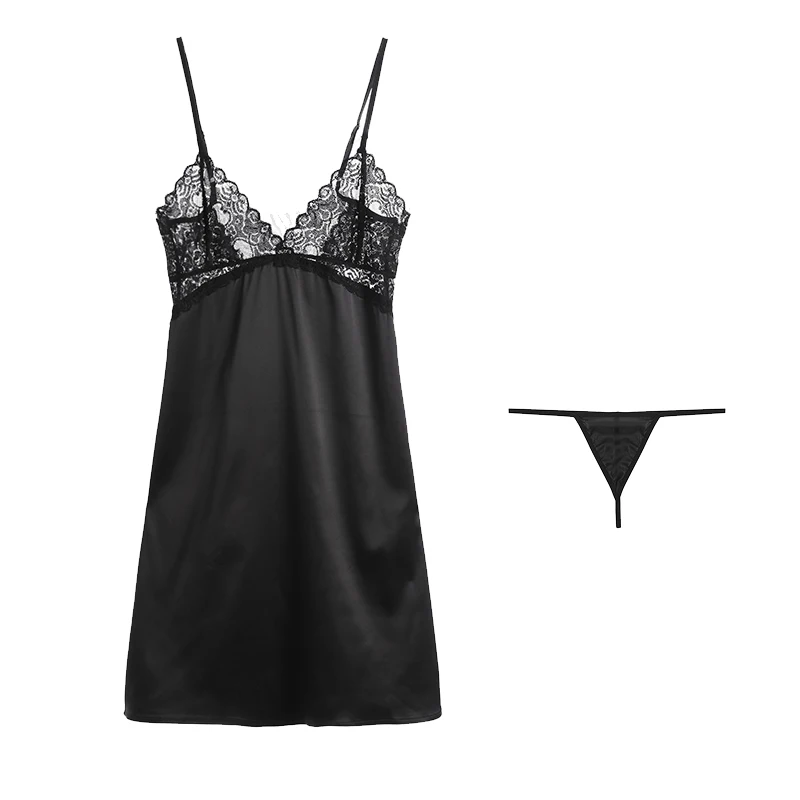 

2021 Female Satin Nightgown Lady Sexy Sling NightDress Thong Set Women Lace Nighties Sleeveless Sleepwear Nightwear Bridal Dress