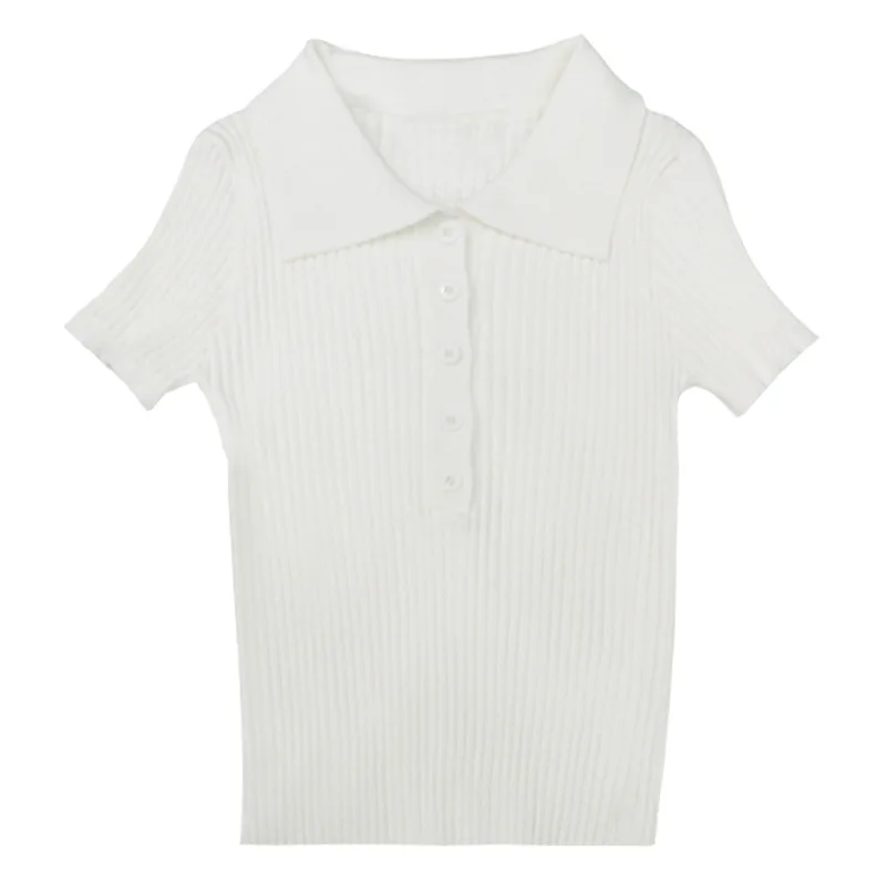 

Women Short Sleeve T-Shirt Collared Button Up Crop Top Buttons Vintage Sexy Tops Turn-down Collar Ins Style