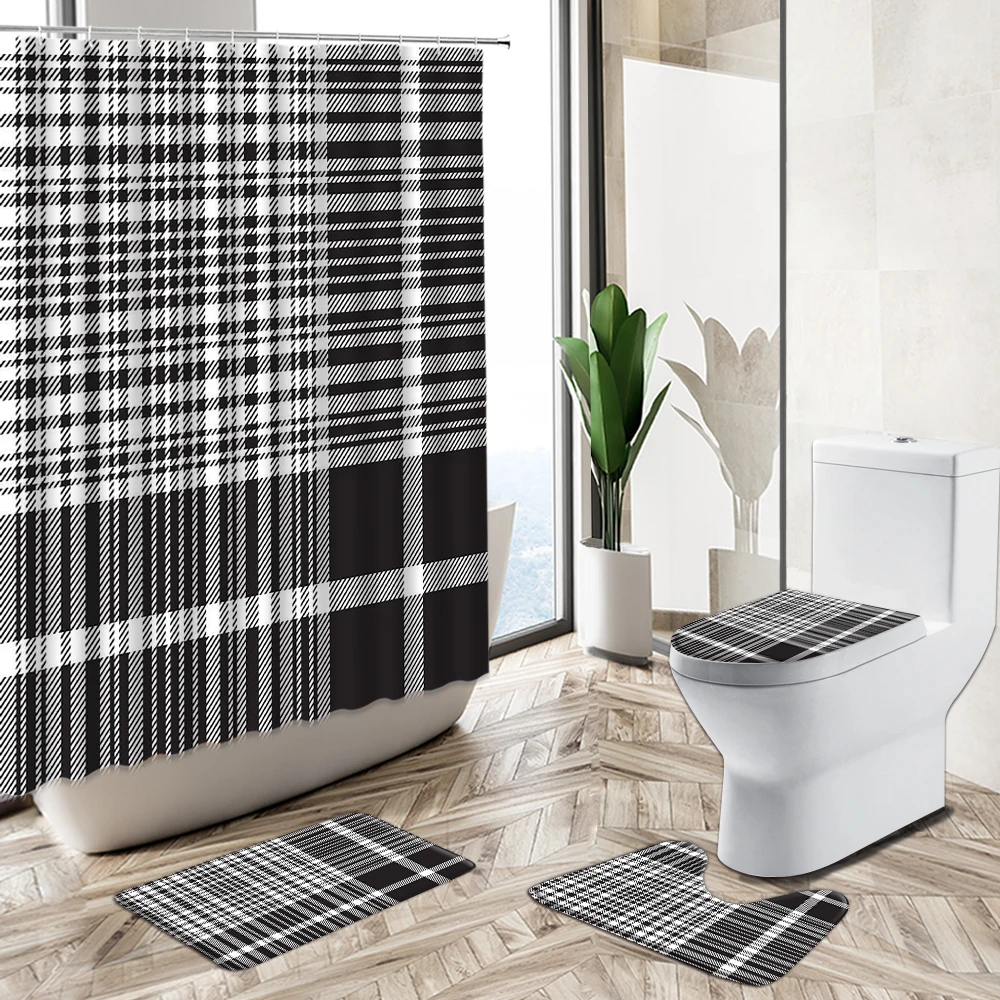 Prezzo Elegante Tenda Da Doccia Con Stampa A Strisce Reticolari Geometriche Set Da Bagno Semplice In Stile Europeo Set Copriwater Antiscivolo Con Piedistallo