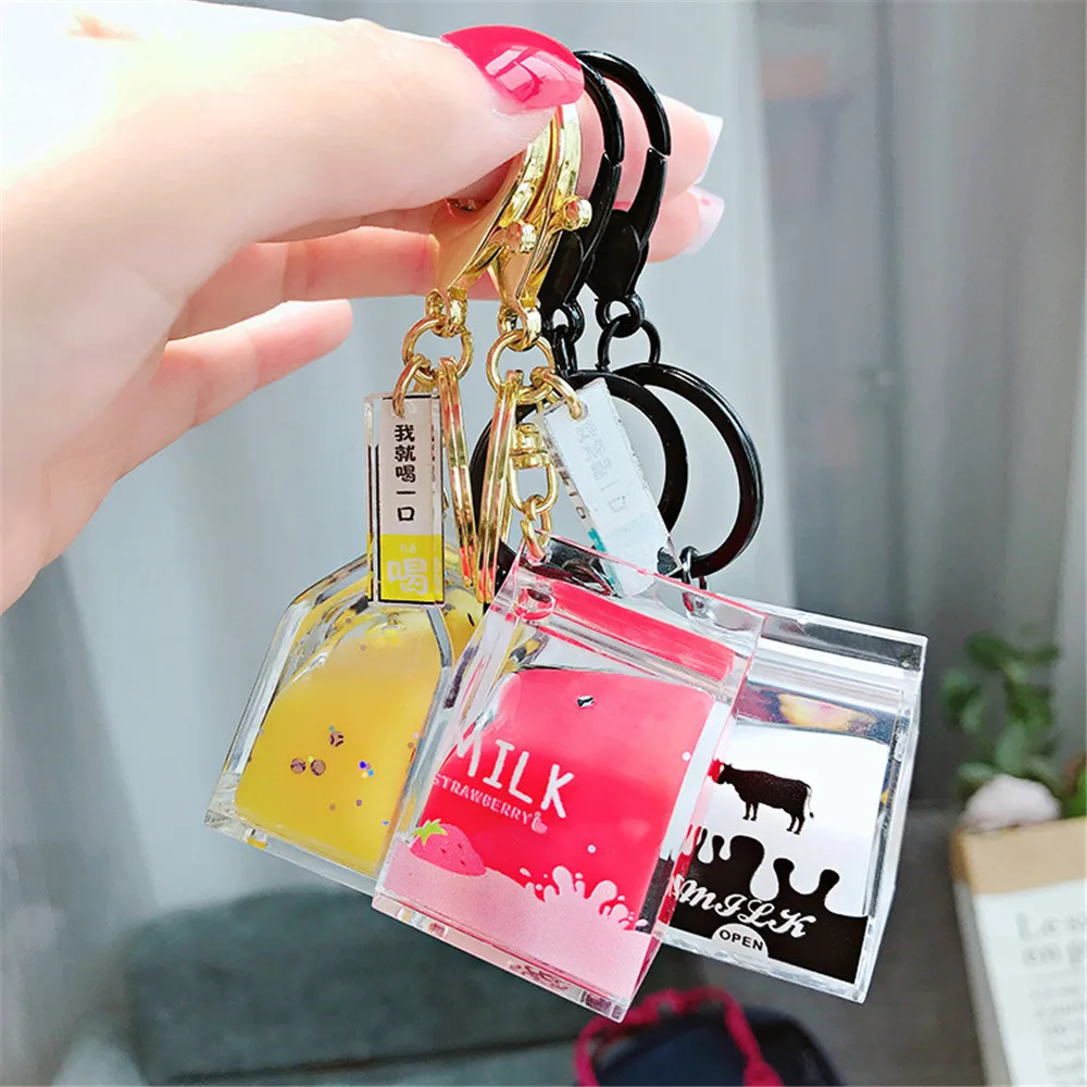 

Cute Milk Box Acrylic Key Chain Fruit Milk Moving Liquid Keychain Car Key Ring Portable Key Organizer Bag Accessories