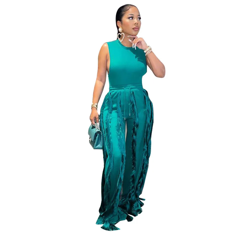 

2022 Newest Charming Women Party Sets Fashion Tassels Wide Leg Pants Two Pieces Suits Sexy Sleeveless Skinny Tops Clubwear