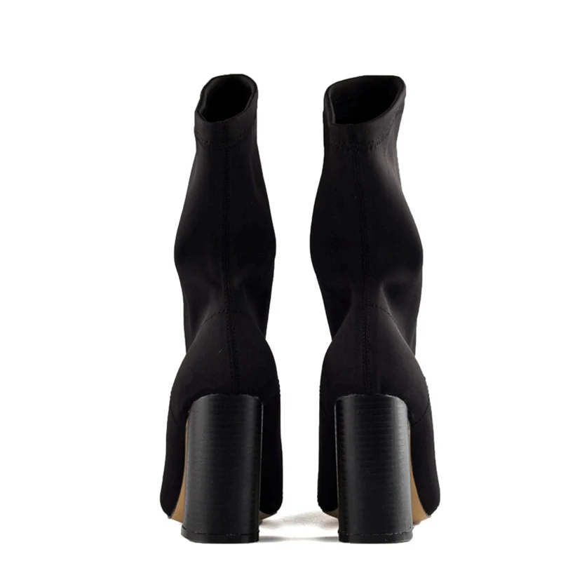

Aneikeh Women's Boots Pointed Toe Yarn Elastic Ankle Boots Thick Heel High Heels Shoes Woman Female Socks Boots 2019 Spring