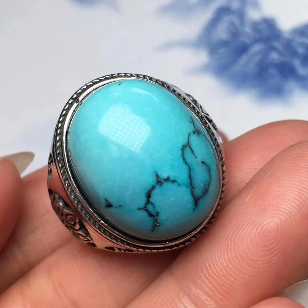 Регулируемое кольцо с кристаллом естественный бирюзово зеленый из серебра 925