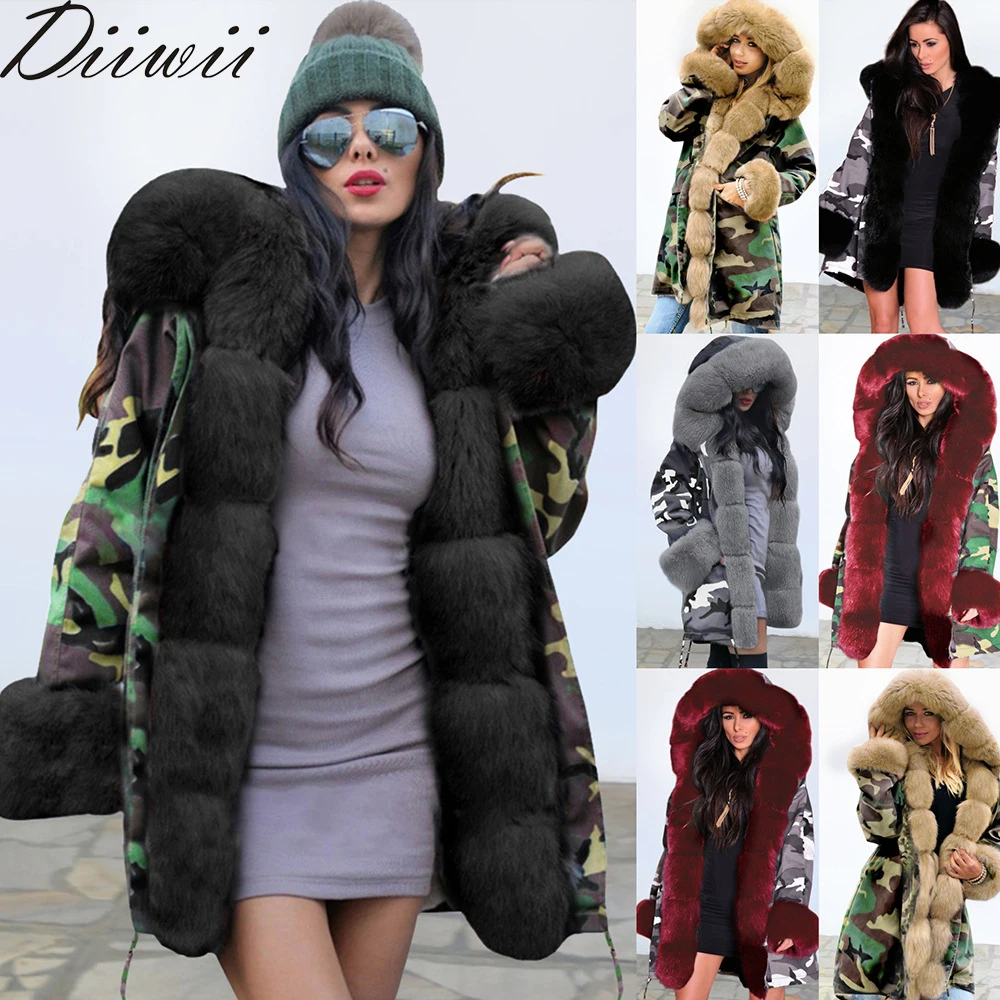 

Diiwii Women New Style Clothing Winter Thick Warm Hooded Parka Military Coats Fur Collar Jacket Faux Velvet