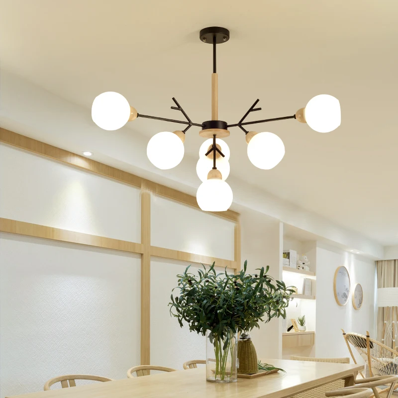Art design Chandelier Light Branch Hanging Lamp Wooden Iron Chandeliers For Kitchen Study room Living Glass Shade Bulb | Лампы и