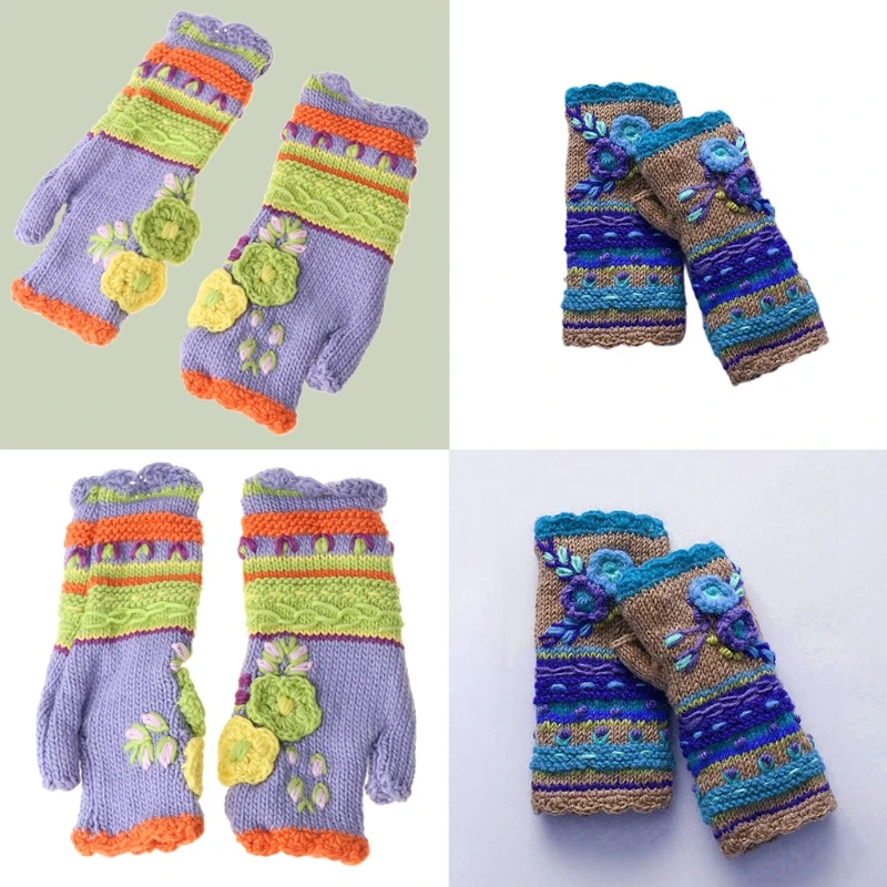 

Women Winter Vintage Multicolor Knitted Fingerless Gloves Fake Sleeve Ethnic Colorful Crochet Floral Half Finger Mittens Arm War