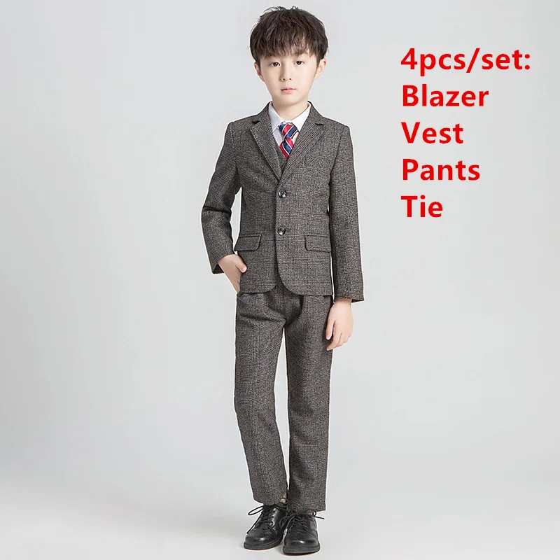 4pcs set Модный торжественный Свадебный костюм для мальчиков, детский однотонный пиджак, Блейзер, жилет, брюки, комплект одежды, детский праздничный костюм-смокинг - Цвет: 4pcs set