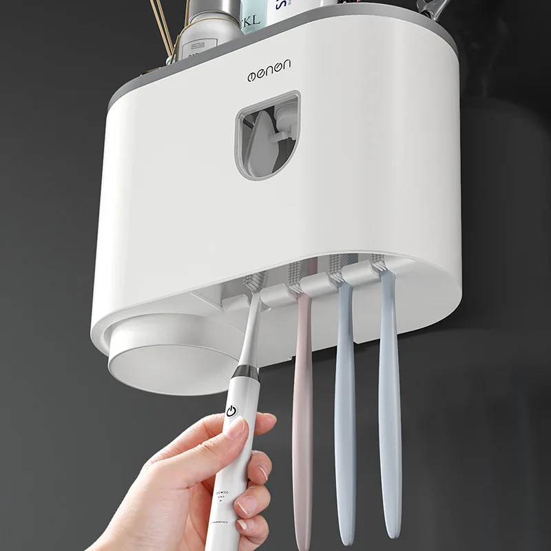 automatic toothpaste dispenser wall mount dust proof toothbrush holder wall mount storage rack bathroom accessories set squeezer free global shipping