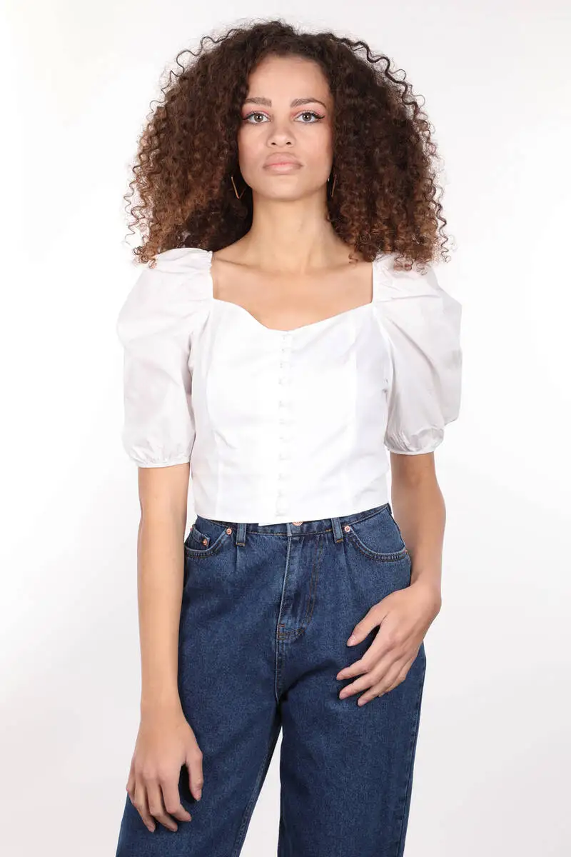

White Button Back Fitted Crop Top Blouse