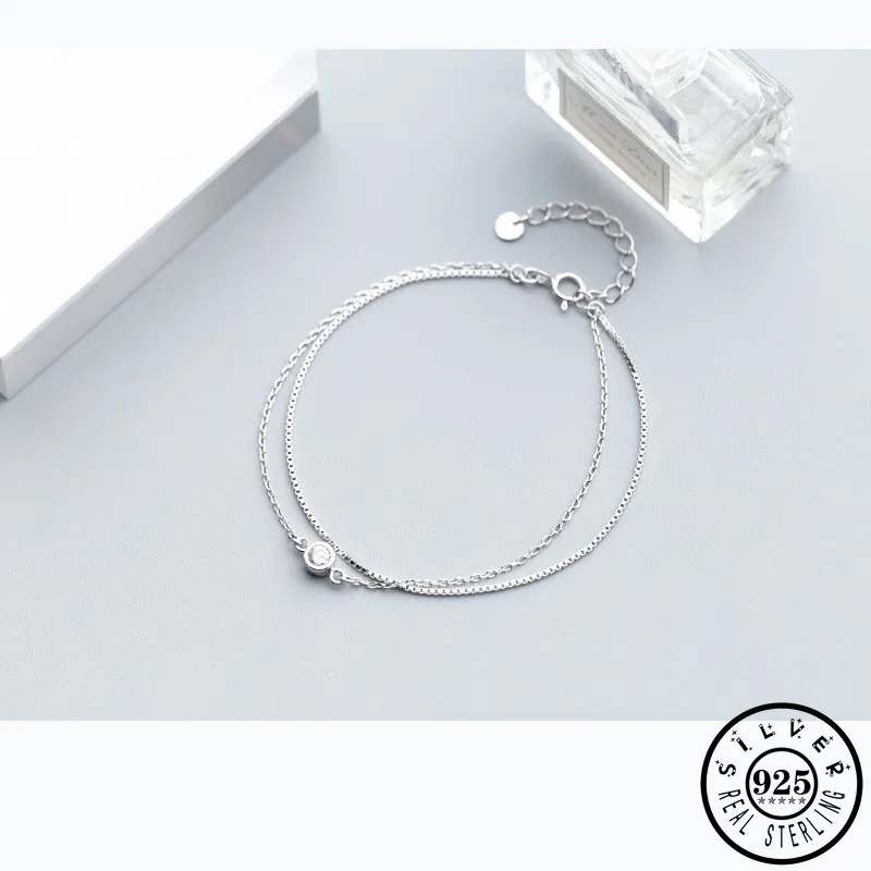 

925 Sterling Silver Minimalist Round Shape Double Layer Chain Bracelet Hand Charm Party Zircon Bracelets Jewelry Gifts for Women