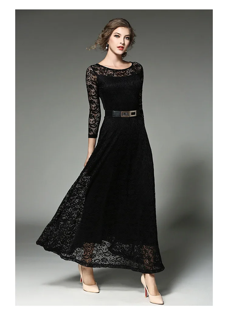 

High-End Maxi Dress Women Slash-neck Solid Full Sleeve Hollow Thin Lace Floor-length Dress Party Slimming Elegant Eveing Dress