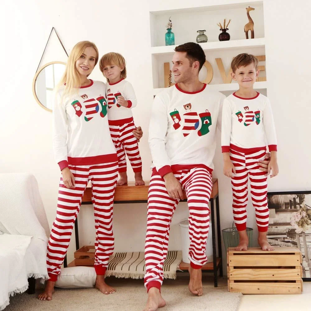 

Autumn Winter Family Matching Clothes Home Wear Striped Parent Child Suit Christmas Printed Parent Child Pajamas Set Christmas