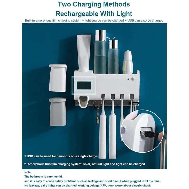 

CSS UV Toothbrush Holder, Toothpaste Dispenser + 4 Toothbrush Holder Rechargeable Wall Toothpaste Holder for Bathroom